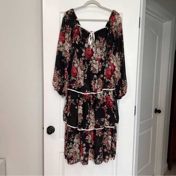 Baltic Born Viviana Tiered Floral Black and Red Long Sleeve Midi Dress - Picture 2 of 7